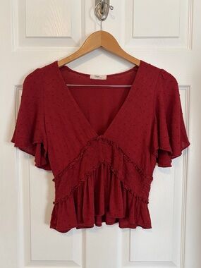 Dark Red Flutter Sleeve Top V Neck Plunge Brick Red Crimson Peplum Hope Horizon